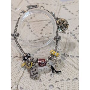 Silver Tone Foxtail Mesh Charm Bracelet Double Chain Toggle Clasp Modular 7.5"